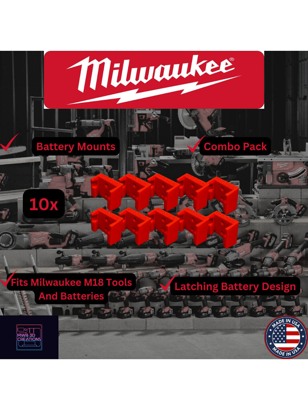10 Piece Combo Pack! Milwaukee M18 Battery Mounts/Holders/Hangers -Heavy Duty